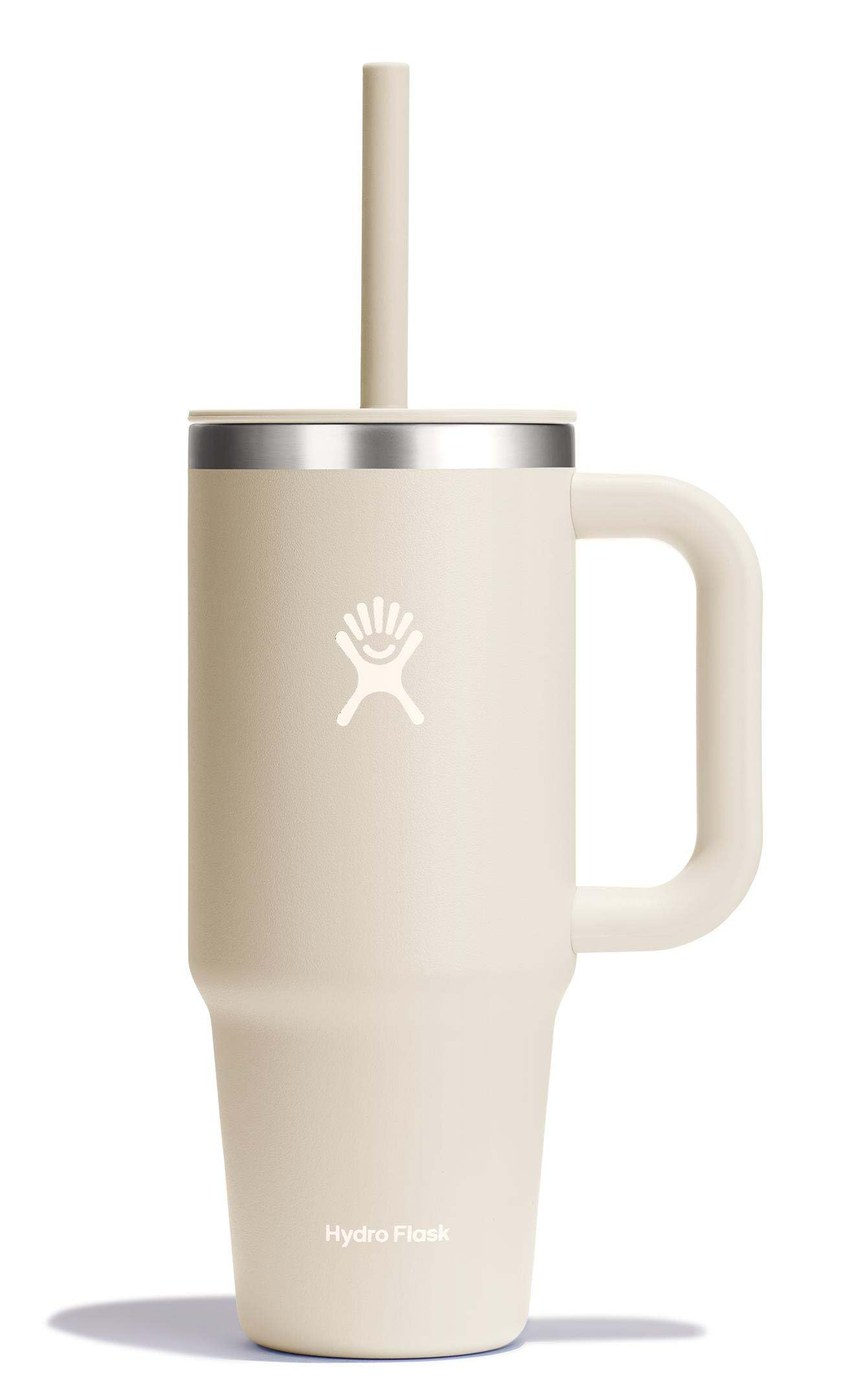 Hydro Flask Travel Tumbler with Handle, Lid and Straw - Insulated Stainless Steel in 24 Oz Oat Image