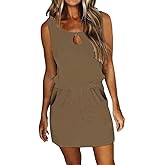 Womens Summer Causal Loose Sleeveless Crew Neck Drawstring Waist Mini Short Dress with Pockets