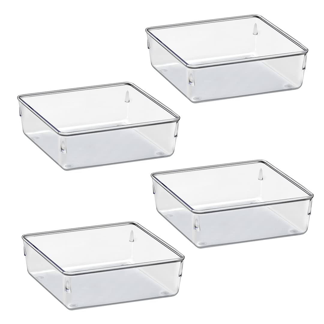 Acrimet Drawer Organizer Modular, Box Tray Storage Bins for Office, Home, Makeup, Kitchen, Junk Drawer (4 Pieces) (Clear Crystal Plastic)