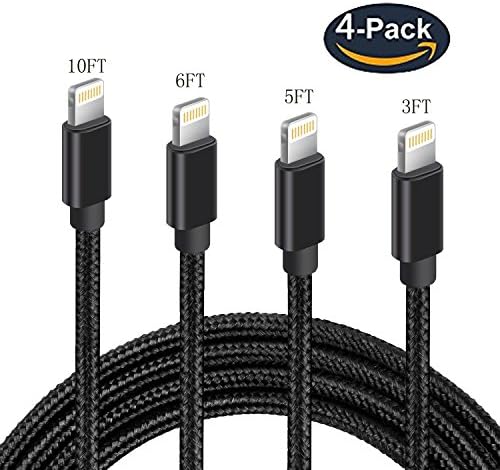 Lightning Cable,4Pack 3FT 5FT 6FT 10FT Manyi Nylon Braided Cables USB Cord Charging Charger for iPhone X , 7 Plus, 6,6s, 6+, 5,5c, 5s, SE,iPad, iPod Nano,iPod Touch (black)