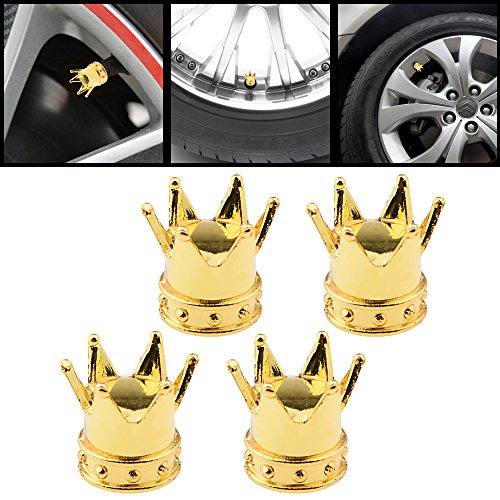 Universal Royal Crown 8mm Car/Motorcycle Wheel Rim Tire Air Stem Valve Caps Kit (Pack of 4, Gold)