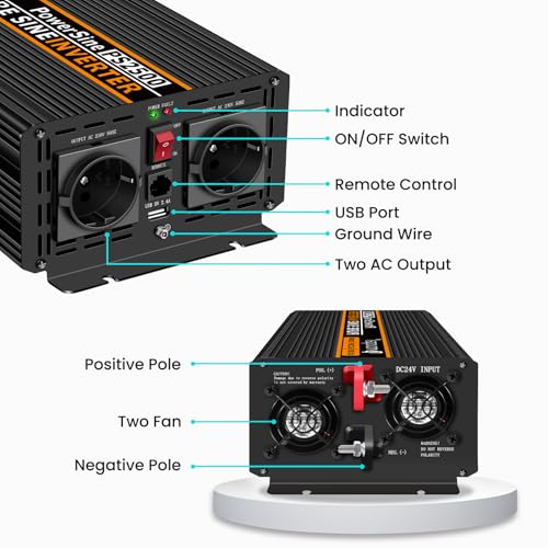 Novopal -2500W 5000W Pure Sine Wave Inverter Power Transformer Converter - DC 12V to AC 220V 230V 240V Voltage Inverter - 2 EU Socket with USB Output - 5 Meters Remote Control