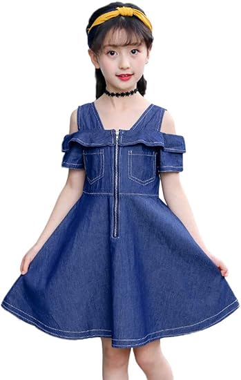 Amazon Online 夏 女の子 ワンピース ストラップドレス 子供服 ハスの葉の縁 肩が出る デニムのワンピース プリンセスドレス 110 160 ワンピース チュニック 通販