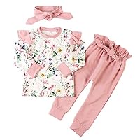 URMAGIC Baby Girl Clothes Floral Printed Ruffle Long Sleeve Tops Pink Pants with Headband Outfit Set