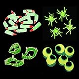 Glow in the Dark Halloween Party Favor Pack - Fang Teeth, Witch Fingers, Spider Rings and Glow Eyeballs