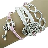 Sannysis Infinity Love Heart Key Lock Friendship Antique Leather Charm Bracelet