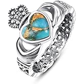 AVECON Heart Turquoise/Malachite/Black Onyx Claddagh Rings 925 Sterling Silver Celtic Knot Ring Turquoise Rings for Women Engagement Ring Irish Jewelry Gifts Size 6-9