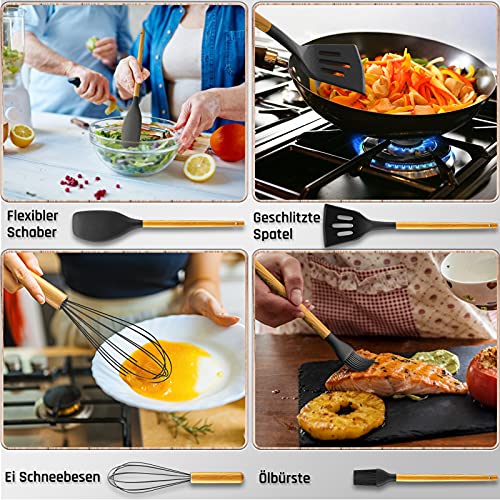 10 Stück Silikon Küchenhelfer Set, Hitzebeständig Küchenutensilien BPA Antihaft Hitzebeständiger Holzgriff Schaber Silikonspatel Set Küchenbackwerkzeuge (Schwarz)