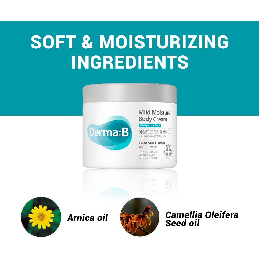 Derma B Mild Moisture Body Cream, Fragrance-Free Non-Irritating Body Moistuzer for Dry & Sensitive Skin with Camellia Oil, Unscented Fast-Absorbing Moisturizing Korean Skincare,14.54 Fl Oz,430ml