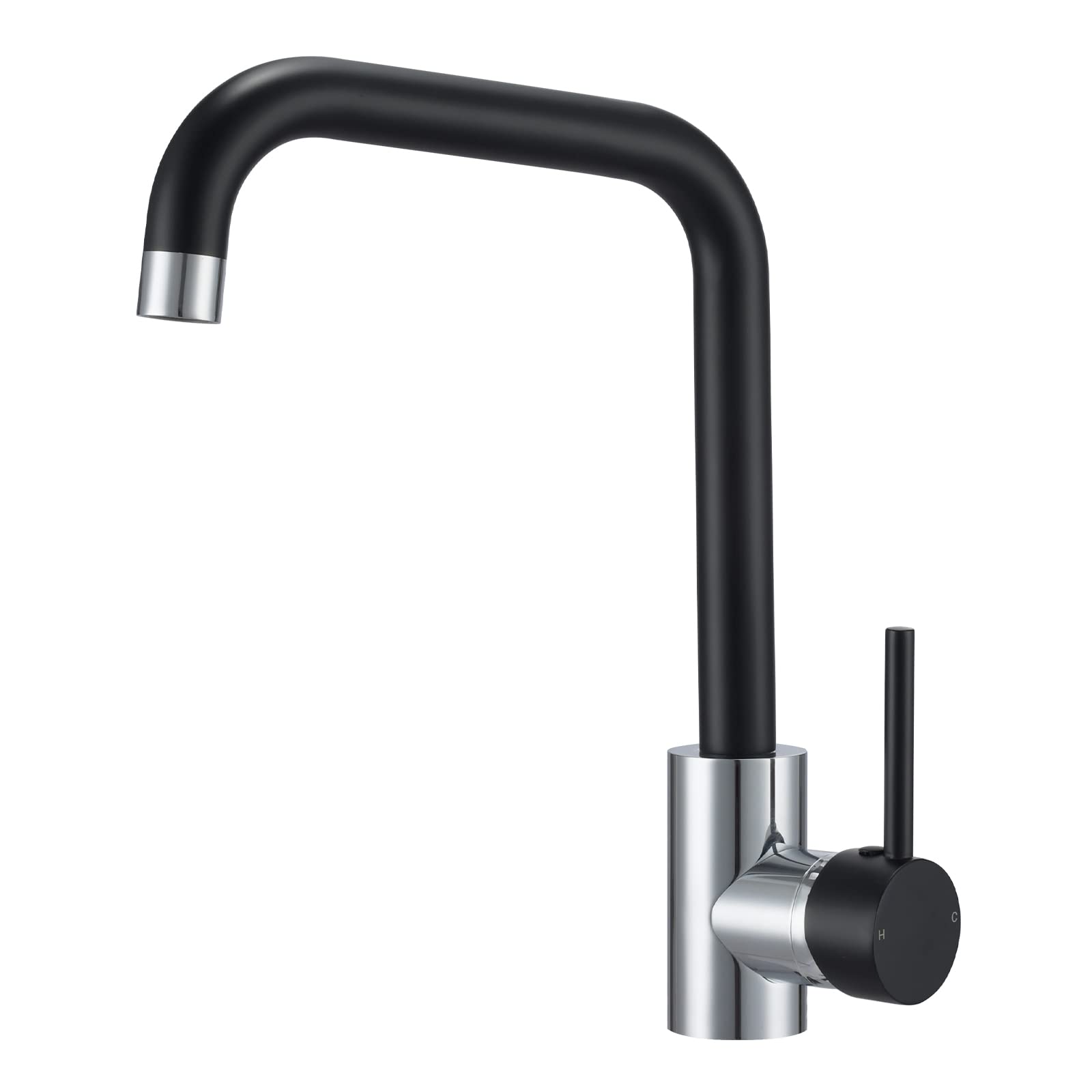 Kitchen Sink Mixer Tap Chrome and Matte Black Kitchen Taps Swivel Single Lever Rectangle L-Shaped Mixer Faucet, Monobloc Mono Bar Tap with Hot and Cold Hoses