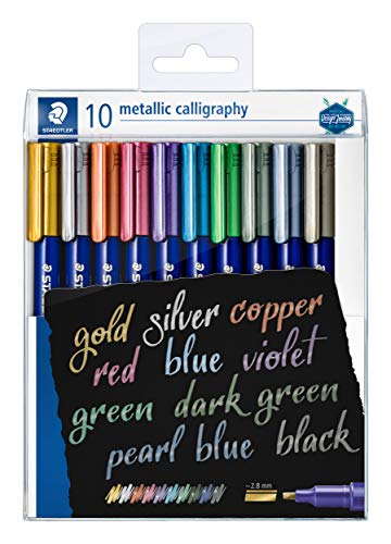 metallic calligraphy Marker mit Kalligrafie-Spitze, Lininenbreite 2,8 mm, deckend auf hellem und dunklem Papier, leicht abwischbar von glatten Oberflächen, 10 Marker im Etui, 8325 TB10