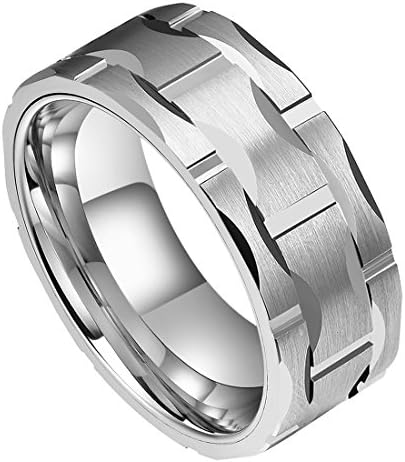 DOUX 8mm 10mm Mens Tungsten Carbide Wedding Ring Brick Pattern Brushed Silver Surface Statement Ring