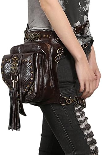 Safodo SMB01 Brown Steampunk Bag Antique Brass Dieselpunk Utility Belt Bag with Tassel,Skull Waistbag for Women