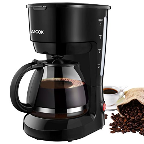 Click Here to See More Images 5-Cup Coffeemaker Aicok, Drip Coffee Maker with Glass Carafe, Small Coffee Machine, Anti-Drip System, Quick Brew Technology, One Touch Button, 600W, Black