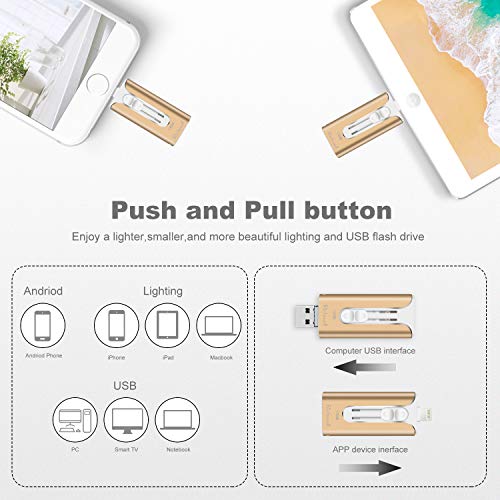 USB Flash Drive 128GB Thumb Drive Memory Stick iOS Flash Drive for iPhone Photo Stick 3in1 External Storage USB Drive Richwell Compatible iPhone iPad Mac Android and Computer(Pink128G-UX)