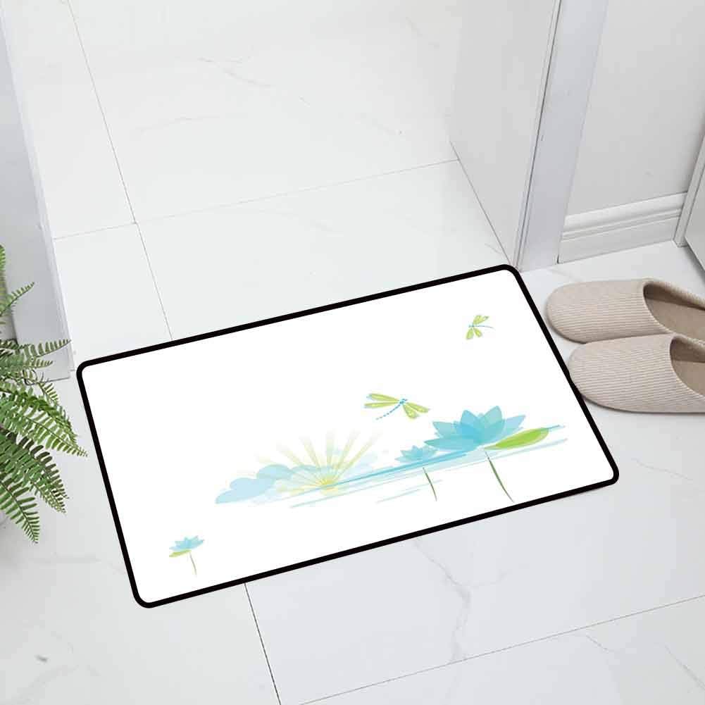 Dragonfly Indoor Outdoor Decorative Floor Mat Office Door Mat Waterlily and Dragonfly Nature Background Clouds Lake Sun Durable, 47 x 31.5 inch Green Blue