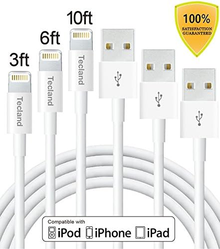 Tecland 3Pack 3FT 6FT 10FT Lightning Cable Lightning to USB Charging Cord Charger for iPhone 6s,6, 6plus,6s plus, iPhone 5s 5 5c SE, iPad &amp; iPod (white)