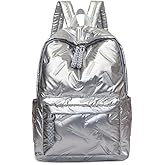 HOKMAH Cute Puffer Backpack for Women, Trendy Puffy Shoulder Bag Fashion Quilted Padding Laptop Bookbag Travel Y2k Backpack (Silver)