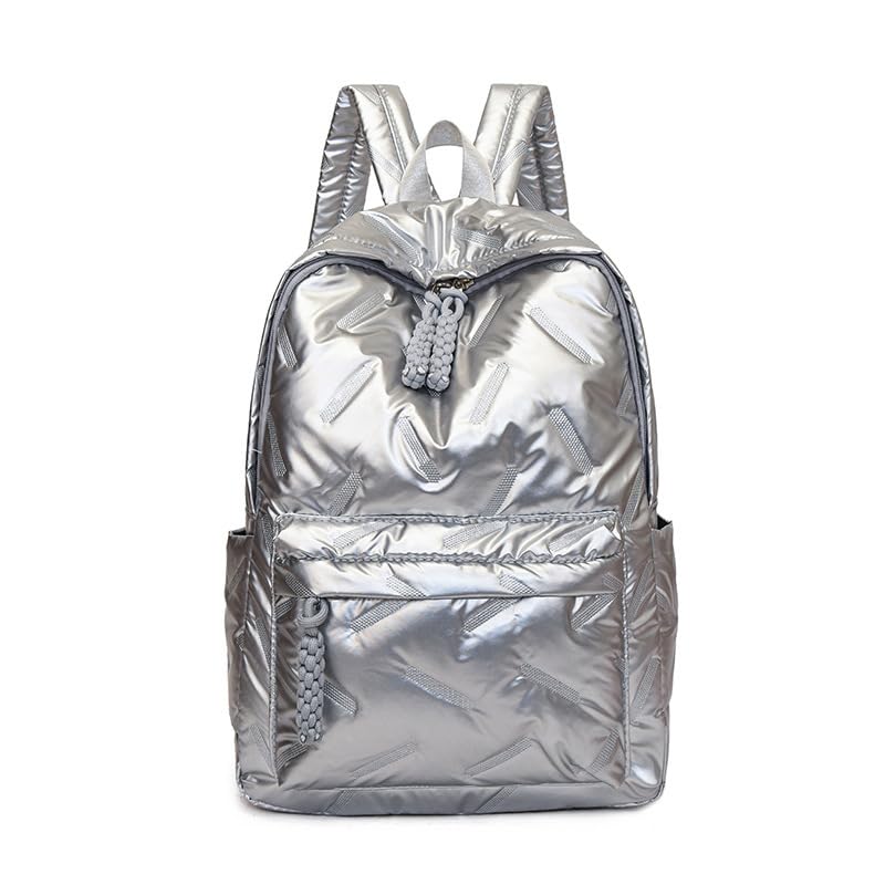Photo 1 of HOKMAH Cute Puffer Backpack for Women, Trendy Puffy Shoulder Bag Fashion Quilted Padding Laptop Bookbag Travel Y2k Backpack (Silver)