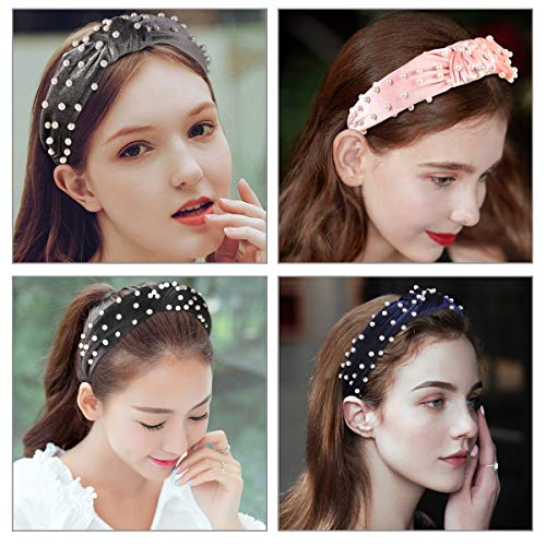 Meartchy Headbands for Women Pearl, Headbands Women Hair, Twisted Faux Pearl Velvet Turban Headbands Knotted Headbands for Women Hair Hoops with Cloth Wrapped Hair Accessories for Women and Girls