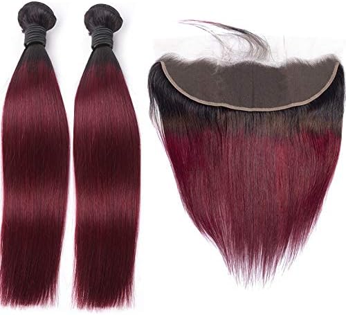 HC Hair Peruvian Ombre Lace Frontal Closure with 2 Bundles Straight 1B/99j Burgundy Virgin Frontal Closure Pre Plucked with Baby Hair Ombre Human Hair Weave (10 10+10inch Frontal)