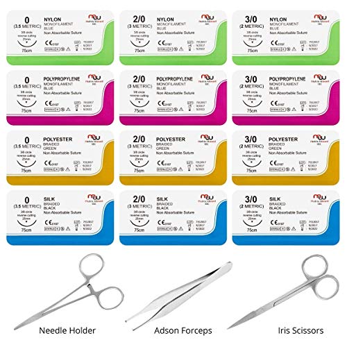 New Mixed Sterile Suture Threads with Needle + Training Accessories (Assorted 12 Pack with 3 Tools) for Suture Pads, Practice Suture Kit; Medical, Nursing, Dental, EMT, Medic and Veterinary Students - Thumbnail 5