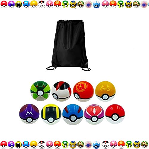Rising Gear 9 Different Pieces Style Poke Balls + 1 Black Tote Backpack for Costplay, Fan and Collection