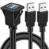 BATIGE Dual Ports Square USB 3.0 Panel Flush Mount Extension Cable with Buckle for Car Truck Boat Motorcycle Dashboard 3ft