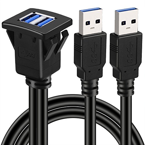 BATIGE Dual Ports Square USB 3.0 Panel Flush Mount Extension Cable with Buckle for Car Truck Boat Motorcycle Dashboard 3ft