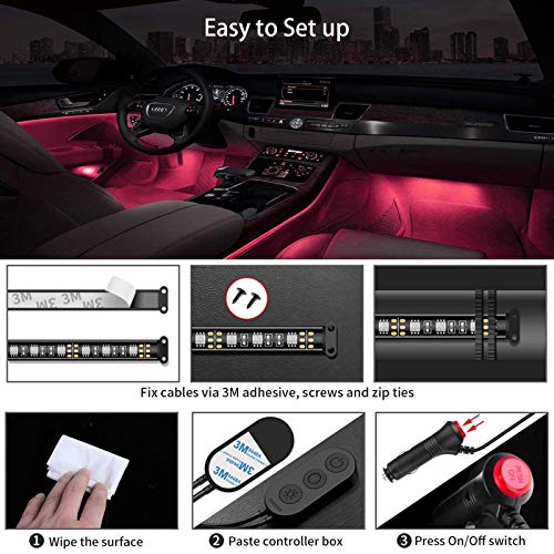 Auto LED Innenbeleuchtung , Mehrfarbige RGB Auto Atmosphärenlicht mit APP ,4pcs Streifen mit 48Led ,Wasserdicht ,Auto Fußraum Beleuchtungsstreifen Kit mit Zigarettenanzünder DC 12V