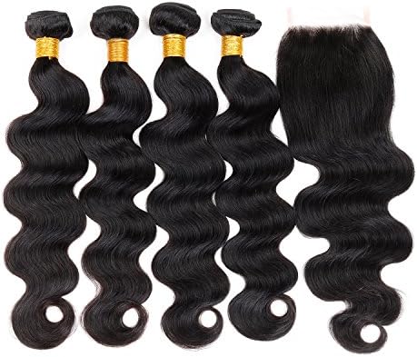ZILING Brazilian Virgin Hair Body Wave with Lace Closure 4 Bundles with Closure( 12 14 16 18 with 12 Free Part)
