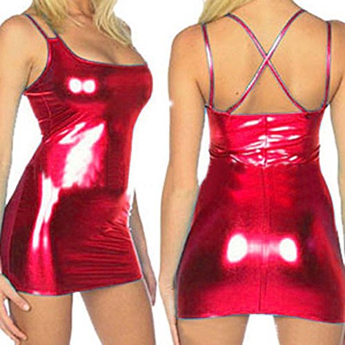 Women PVC Wet Look Erotic Costume Sexy Faux Leather Party Night Dress Shiny Liquid Metallic Club Suits (Red)