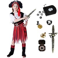 ACEHOOD Girls Pirate Costume 11 Pcs Role Play Pirate Cosplay Halloween Costumes for Kids Red