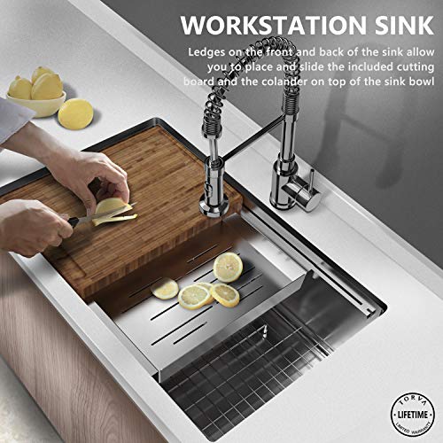 TORVA 30-Inch Workstation Undermount Stainless Steel Kitchen Sink, 16 Gauge Single Bowl Sinks with Basin Rack, Colander, Cutting Board, and Basket Strainer