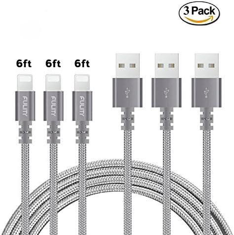 Durable Lightning Cable 3 PACK (6FT) Nylon Braided Fast Charging Cable for iPhone 7/ 7 Plus/6/6s/6 plus/6s plus/ 5s/5c iPad and More by FULITY(Gray)