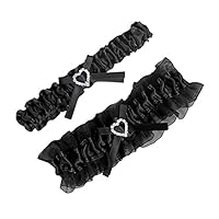 Kirmoo Wedding Bridal Garter Set Ruffled Organza with Satin Bow Heart Charm Prom Garter (Black)