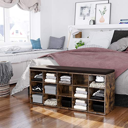 VASAGLE Banco Sapateira com Almofada, 15 Compartimentos, 105 x 30,3 x 48 cm, 1 Peça, para Hall de Entrada, Castanho Rústico e Nogueira, Custos BRLHS15BX