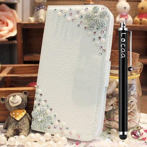 Locaa(TM) For HTC Desire 610 HTC610 Desire610 3D Bling Case + Touch stylus + Anti-dust ear plug Deluxe Luxury Crystal Pearl Diamond Rhinestone eye-catching Beautiful Leather Retro Support bumper Cover Card Holder Wallet Cases -[General series] flower sister
