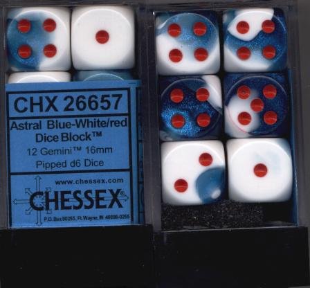 Chessex Dice d6 Sets: Gemini Astral Blue / White with Red - 16mm Six Sided Die (12) Block of Dice