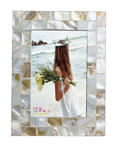 GIFTME 5 Mother of Pearl Pictures Frames,Coastal Wall Mount or Tabletop Desk Family Photo Frames 6 by 8 inch(Natural White)
