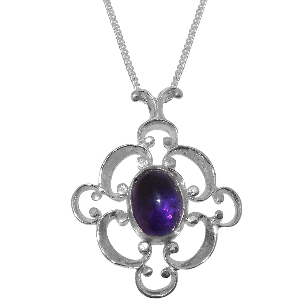 925 Sterling Silver Pendant & Chain Necklace with Natural Amethyst Womens Pendant & Chain Necklace - Chain length 16