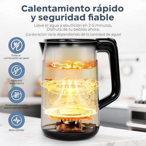 Hervidor de agua eléctrico, 1800 W-2200 W, 1,7 L, 45 °C ~ 100 °C, hervidor de agua con 6 regulaciones de temperatura, apagado automático y función de mantenimiento en caliente, acero inoxidable