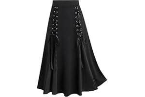JOAU Women's Vintage Gothic Court Lace Up Patchwork Skirt Steampunk Medieval Renaissance Victorian A-Line Pirate Skirts