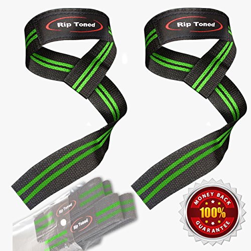 Lifting Wrist Straps by Rip Toned (Pair) - Bonus Ebook - Cotton - Neoprene Padded - For Weightlifting, Bodybuilding, Xfit, Strength Training, Powerlifting, MMA (Black/Green)