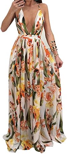 Wancy Women's Chiffon Sexy Deep V Neck Backless Strap Floral Print Summer Beach Long Maxi Party Dress White Large