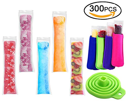 300 Pack Ice Popsicle Molds Bags - Zip-Top Disposable DIY Ice Pop Mold Bags - Summer Ice Pop Pouch with 4 Ice Pop Sleeves & 1 Silicone Funnel for Yogurt, Ice Candy, Otter Pops, Gogurt, or Freeze Pops