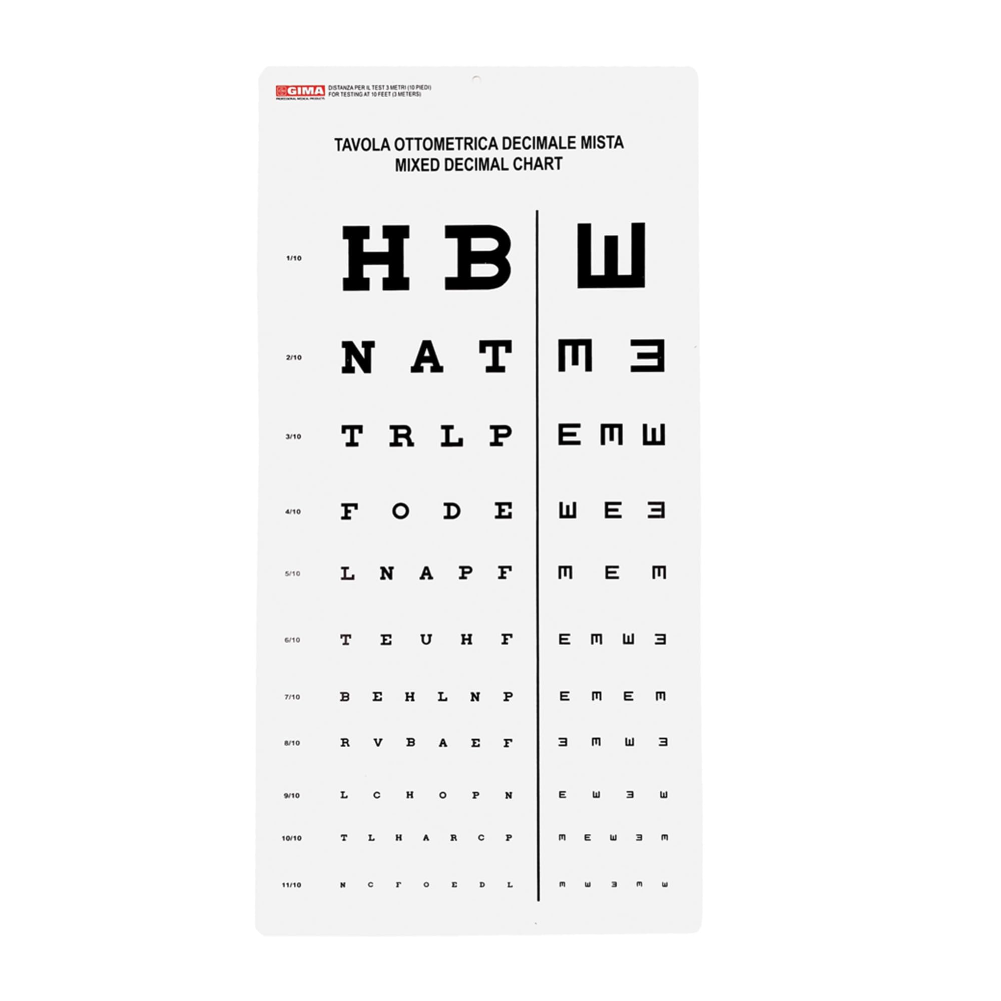 Gima - Mixed Decimal Otpometric Chart, Mixed Decimals and Tumbling "E" Eye Chart, Dimension 28 X 56 cm, Distance 3 m