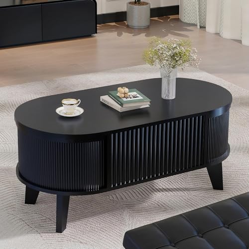 LYNCOHOME Fluted Lift Top Coffee Table with Hidden Compartment, Modern Oval Coffee Table for Living Room, Home Office (Black)