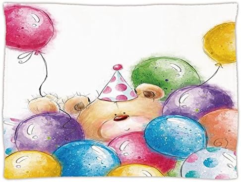 Super Soft Throw Blanket Custom Design Cozy Fleece Blanket,Birthday Decorations for Kids,Hand Drawn Childish Design Teddy Bear and Colorful Balloons,Multicolor,Perfect for Couch Sofa or Bed