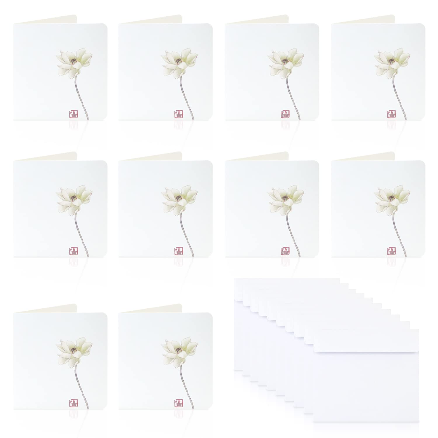10Pcs All Occasion Greeting Cards with Envelopes Blank Inside, Printable Botanical Notecard Set, 3x3In Simple Plain Half Fold Note Card Small, Vintage Stationary Card (Lotus)